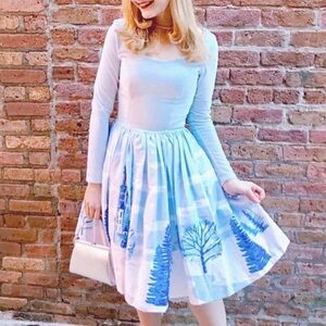 Pinup Couture Light Blue Long Sleeve velvet Christmas scene Dress